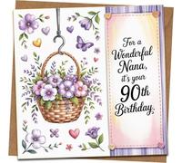 Nana 90th Birthday Card - Floral Basket & Butterflies Design - “For a Wonderful Nana” - 145mm x 145mm Square Greeting Card with Kraft Envelope
