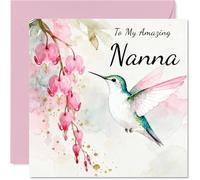 Nana Birthday Card - Hummingbird Wishes - Happy Birthday Card for Nana from Grandson Granddaughter, 145mm Pink Floral Illustration Bday Greeting Cards
