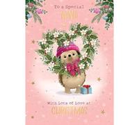 Nana Christmas Card - Special Nana - Hedgehog and Love Heart Wreath - Artistic Festive Design - Special Finish - Made in the UK - Eco-Friendly