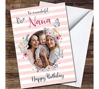 Nana Flower Wreath Photo Floral Stripe Pretty Peach Personalised Birthday Card | Birthday Card | Design Birthday Card
