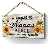 Nana Gifts for Grandma,Welcome to Nana's Place Sign 6x12 Inch Retro Sunflower Front Door Porch Decor for Grandma,Farmhouse Wall Decorations Hanging Signs(Sunflower-Yellow)