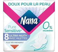 Nana PureSensitive Ultra Night Plus Sanitary Pads for The Night - Very Looking Flow - 0% Allergenic*, Scent, Colouring - 8 Towels with Wings