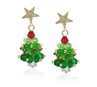 Nanafast Christmas Earrings for Women Handmade Beaded Green Christmas Tree Dangle Earrings Cute Bow Xmas Tree Earrings Jewelry for Festival New Year Party, Artificial Crystal, No Gemstone