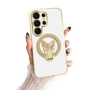nancheng Cute Phone Case for Samsung Galaxy S26 Ultra (6.9-inch), with Butterfly Kickstand Design for Girls Women Trendy Shockproof Protective Cover - White