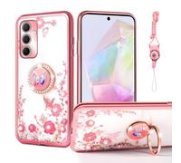 nancheng for Samsung Galaxy A35 5G Case Cute Girls Women Soft Silicone Cover with Ring Stand Strap Lanyard Shockproof Protection Phone Case - Rose Butterfly