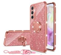 nancheng for Samsung Galaxy A35 5G Phone Case Girls Women Cute Glitter Luxury Soft Silicone Cover with Ring Stand Strap Lanyard Shockproof Protection Case - Rose Gold