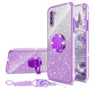 nancheng for Samsung Galaxy Note 10 Cell Phone Case Cute Women Girls Glitter Soft TPU Cover with Ring Kickstand Strap Lanyard Bumper Shockproof Protective Case - Purple