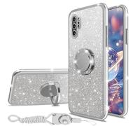 nancheng for Samsung Galaxy Note 10 Plus Case with Ring Kickstand Lanyard Shockproof Protection Phone Case Girls Women Men Glitter Cover - Silver