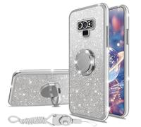 nancheng for Samsung Galaxy Note 9 Case with Ring Kickstand Lanyard Shockproof Protection Phone Case Girls Women Men Glitter Cover - Silver