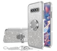 nancheng for Samsung Galaxy S10 Plus Case with Ring Kickstand Lanyard Shockproof Protection Phone Case Girls Women Men Glitter Cover - Silver