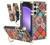 nancheng for Samsung Galaxy S23 FE Phone Case with Ring Stand Strap Lanyard Cute Girls Women Retro Flower Pattern Metal Reinforced Corners Shockproof Protective Cover