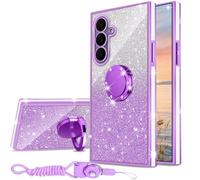 nancheng for Samsung Galaxy S25 FE Cell Phone Case Cute Women Girls Glitter Soft TPU Cover with Ring Kickstand Strap Lanyard Bumper Shockproof Protective Case - Purple