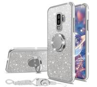 nancheng for Samsung Galaxy S9 Plus Case with Ring Kickstand Lanyard Shockproof Protection Phone Case Girls Women Men Glitter Cover - Silver