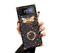 nancheng for Samsung Galaxy Z Flip 3 Case for Girls Women Stylish Luxury Bees Design Square Cases for Samsung Z Flip 3 Phone Case with Ring Stand Holder + Strap Lanyard Shockproof Protection Cover