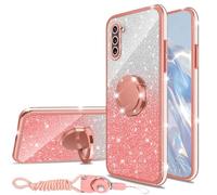 nancheng Glitter Phone Case for Samsung Galaxy Note 10 Soft Silicone Cover with Ring Stand Strap Lanyard Shockproof Protection Case for Girls Women- Pink