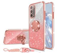 nancheng Glitter Phone Case for Samsung Galaxy Note 20 Soft Silicone Cover with Ring Stand Strap Lanyard Shockproof Protection Case for Girls Women- Pink