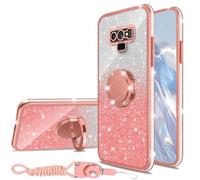 nancheng Glitter Phone Case for Samsung Galaxy Note 9 Soft Silicone Cover with Ring Stand Strap Lanyard Shockproof Protection Case for Girls Women- Pink