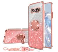 nancheng Glitter Phone Case for Samsung Galaxy S10 Plus Soft Silicone Cover with Ring Stand Strap Lanyard Shockproof Protection Case for Girls Women- Pink