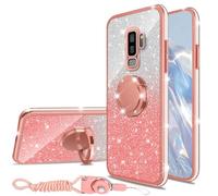 nancheng Glitter Phone Case for Samsung Galaxy S9 Plus Soft Silicone Cover with Ring Stand Strap Lanyard Shockproof Protection Case for Girls Women- Pink