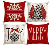 NANEEZOO Christmas Pillow Covers - 4 Pack Throw Pillow Covers Navy Blue Cotton Linen Cushion Covers Snowflake Pillowcase for Christmas living room Sofa Bed Home Decor, 18 x 18 Inch (Red-3)