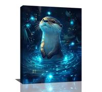 nanen Otter Wall Art Sea Otter Pictures Wall Decor Home Decorations 16"x12" | Ocean Animal Canvas Prints Blue Water Glow Painting Framed Artwork for Bathroom Living Room Bedroom Kitchen Dining Room