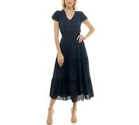 Nanette Nanette Lepore Women's Tiered Pull on Fully Lined Dress with Smock Waist and Pleated Flutter Sleeve, Nanette Navy, 20