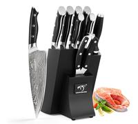 NANFANG BROTHERS 9 Damascus Kitchen Knife Set with Beech Wood Knife Block, Knife Block with Knife Professional Chef's Knife Kitchen Knife Set VG10, 67 Layers Superior Damascus Steel Black