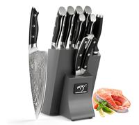 NANFANG BROTHERS 9 Damascus Kitchen Knife Set with Beech Wood Knife Block, Knife Block with Knife Professional Chef's Knife Kitchen Knife Set VG10, 67 Layers Superior Damascus Steel Grey