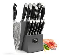 NANFANG BROTHERS Damascus Knife Set with Block 15pcs,Damascus Knives Set Damascus Steel, Japanese Professional Kitchen Knife Set with Wood Knife Block Grey