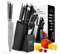 NANFANG BROTHERS Damascus Knife Set with Block - 7 Pieces, Includes Chef, Bread & Santoku Knives, Paring Knife, Shears