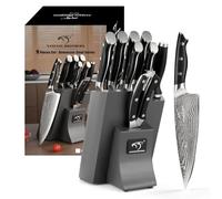 NANFANG BROTHERS Grey Damascus Knife Set with Block - Professional 9-Piece Japanese Chef Knives, VG10 Steel 67-Layer (Wood Stand Included)