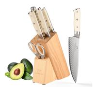 NANFANG BROTHERS Knife Set, 6 Piece Damascus Kitchen Knife Set with Block, VG10 Steel Core with HRC 60 ± 2 Hardness, with Cooking Shears, Perfect Knife Gift