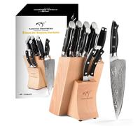 NANFANG BROTHERS Knife Set, 9 Piece Knife Block Set with Damascus Steel, Kitchen Knife Set Sharpening for Chef Knife, Meat Scissors, Carving Fork, Ergonomic Handle