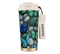 nanger Blue Butterfly Green Butterfly And Stone 316 Stainless Steel Insulated Coffee Mug Vacuum Cup With Leak Proof Lid, Keep Hot Or Cold