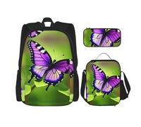 nanger Butterfly Purple Print 3-Piece Set Backpack, Lunch Bag And Pencil Case, For Travel, College, And Daily Use