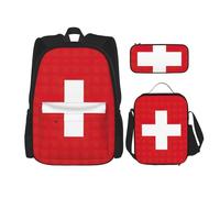 nanger Swiss Flag Print 3-Piece Set Backpack, Lunch Bag And Pencil Case, For Travel, College, And Daily Use