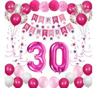 NANINUNENO 30th Birthday Decorations for Women, Pink 30 Happy Birthday Balloons Supplies Including Pink Happy Birthday Banner, Hot Pink 30 Number Balloons, Pink Star Streamers, Hanging Swirls