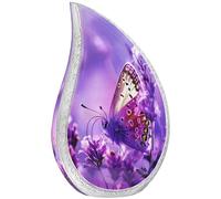 NANIURN Cremation Urn for Ashes for Women & Men, Teardrop Urns for Human Ashes Adult Female & Male, Funeral Urns With Butterflies, Tear Drop Decorative, Lavender & Flower, Purple Butterfly Urn - Large