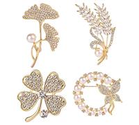 NANJIL 4 Pack Elegant Brooch Pins with Rhinestones, Four-leaf Clover, Ginkgo Leaves, Butterflies, Wheat Designs for Women