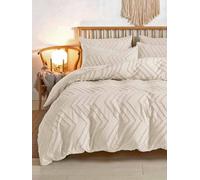 Nanko Beige Duvet Cover King Size, 3pc Boho Tufted Microfiber Bedding Comforter Cover Set, All Season Aesthetic Shabby Chic Soft Embroidery Textured Geometric Quilt Cover (104x90)