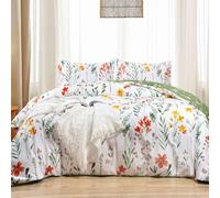 NANKO Floral Duvet Cover King Size, 3 Pieces Green Leaves Yellow Flowers Botanical Pattern Comforter Cover Set, Soft & Lightweight Microfiber Reversible Quilt Cover for Women 104x90 Inches, White