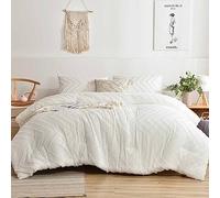 Nanko White Duvet Cover King Size, 3pc Boho Tufted Microfiber Bedding Comforter Cover Set, All Season Aesthetic Shabby Chic Soft Embroidery Textured Geometric Quilt Cover (104x90)