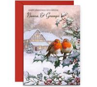 Nanna & Gramps Christmas Card - Two Robins - Medium Sized Card (A5 Size -148mm x 210mm) with Envelope