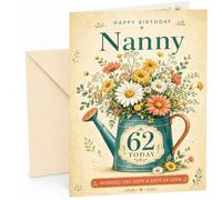Nanny 62nd Birthday Card Floral Watering Can Bouquet | Large A5 Card with Printed Inside Message; Vintage floral bouquet in a teal watering can for Nanny 62nd Birthday