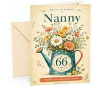 Nanny 66th Birthday Card Floral Watering Can Bouquet | Large A5 Card with Printed Inside Message; Vintage floral bouquet in a teal watering can with “Nanny” for Nanny 66th Birthday