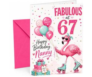 Nanny 67th Birthday Card Flamingo on Roller Skates & Balloons | Large A5 Card with Printed Inside Message; Cheerful flamingo-on-roller-skates with pastel balloons for Nanny 67th Birthday