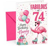 Nanny 74th Birthday Card Fabulous Flamingo on Roller Skates | Large A5 Card with Printed Inside Message; Cheerful flamingo-on-roller-skates with balloons, gifts for Nanny 74th Birthday