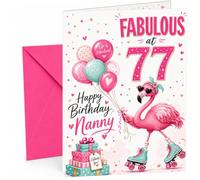 Nanny 77th Birthday Card Flamingo on Roller Skates & Balloons | Large A5 Card with Printed Inside Message; Playful pink flamingo in heart sunglasses for Nanny 77th Birthday