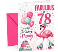 Nanny 78th Birthday Card Flamingo on Roller Skates & Balloons | Large A5 Card with Printed Inside Message; Playful flamingo on roller skates with balloons for Nanny 78th Birthday