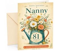 Nanny 81st Birthday Card Watering Can Wildflower Bouquet | Large A5 Card with Printed Inside Message; Teal watering can filled with wildflowers and daisies for Nanny 81st Birthday